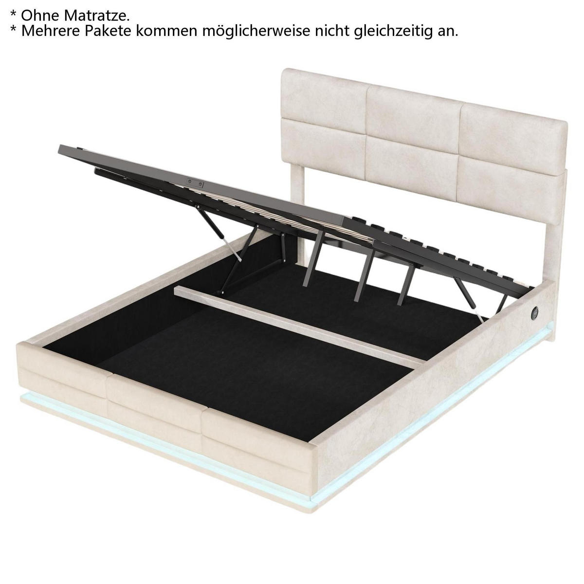 BOXBETT 160/200 mit Bettkasten, LED, USB/Typ C-Ladeanschluss,Samt,Beige - Beige, Holz (160/200cm) - LVHOM