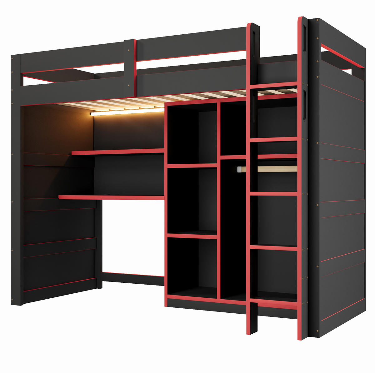 HOCHBETT aus MDF und Sperrholz 90x200 cm Schwarz/Rot mit Schreibtisch, Kleiderschrank und LED-Beleuchtung - Schwarz, Holzwerkstoff (90/200cm) - Modfu