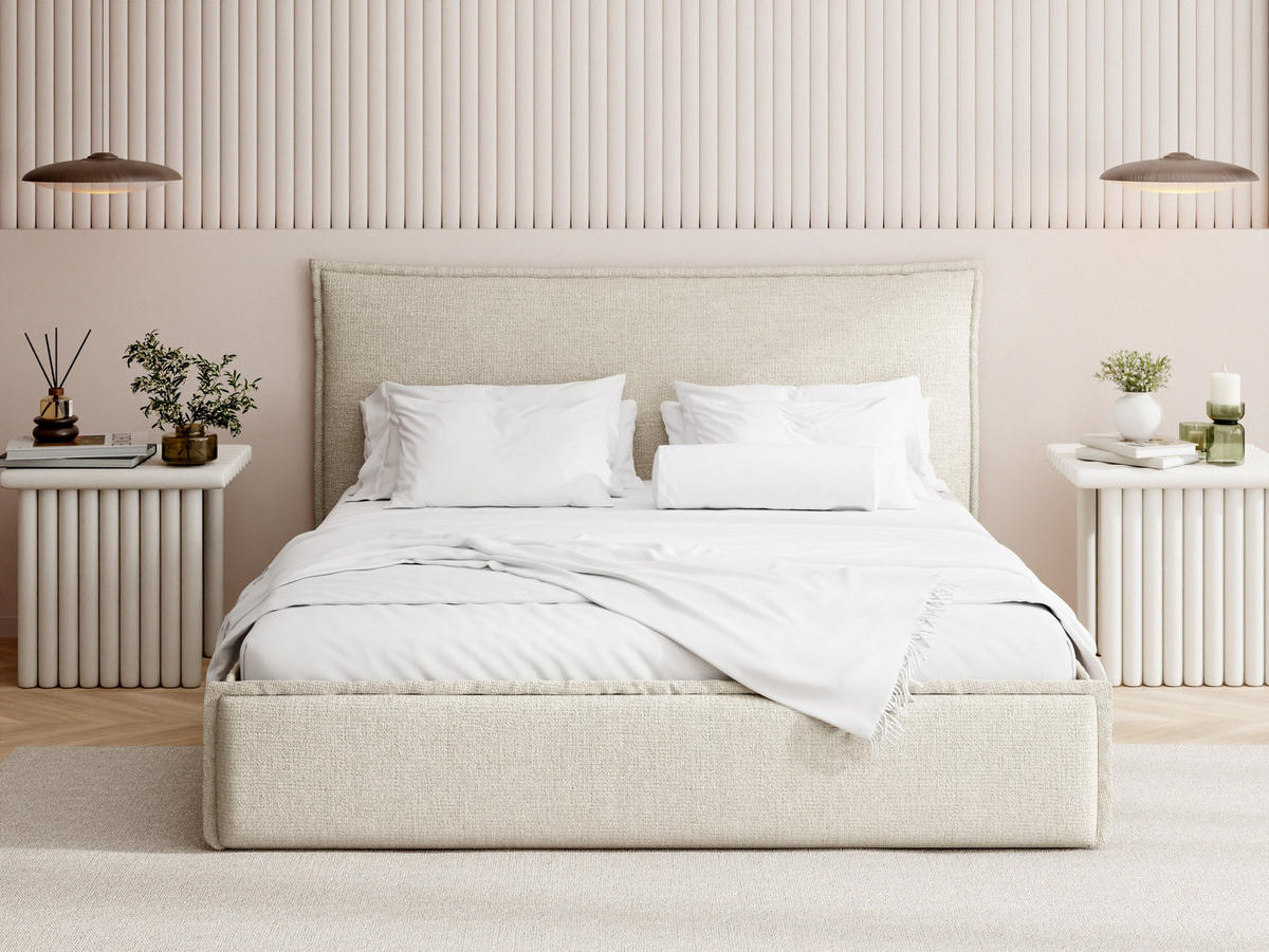 POLSTERBETT Pillow mit Bettkasten, Lattenrost & hohem Kopfteil in Creme Chenille 120x200 cm - Birkefarben/Creme, Holz/Kunststoff (120/200cm) - WFL GROUP