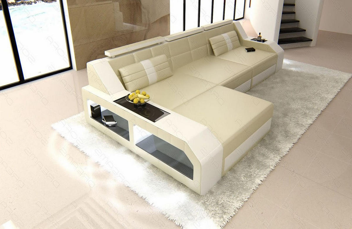 COUCH Arezzo L Beige Weiß Echtleder - Beige, Leder (308/194cm)