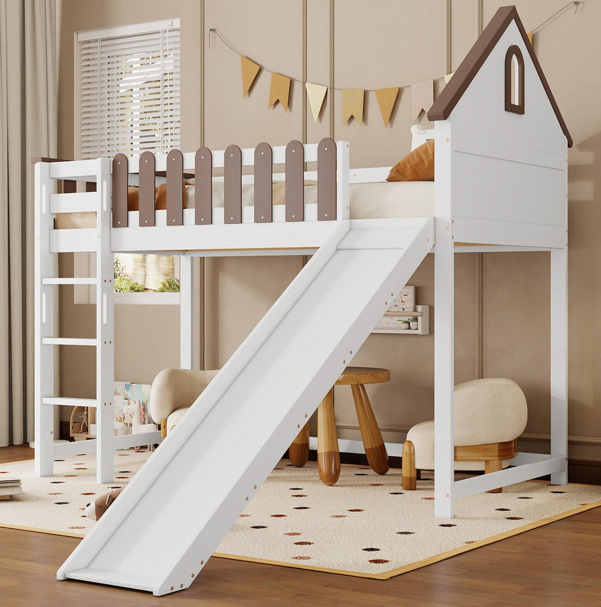 HOCHBETT 90/200 cm mit Rutsche, Leiter und Dach aus Kiefer/MDF, Weiß/Walnuss - Weiß, Holzwerkstoff (90/200cm) - Redom