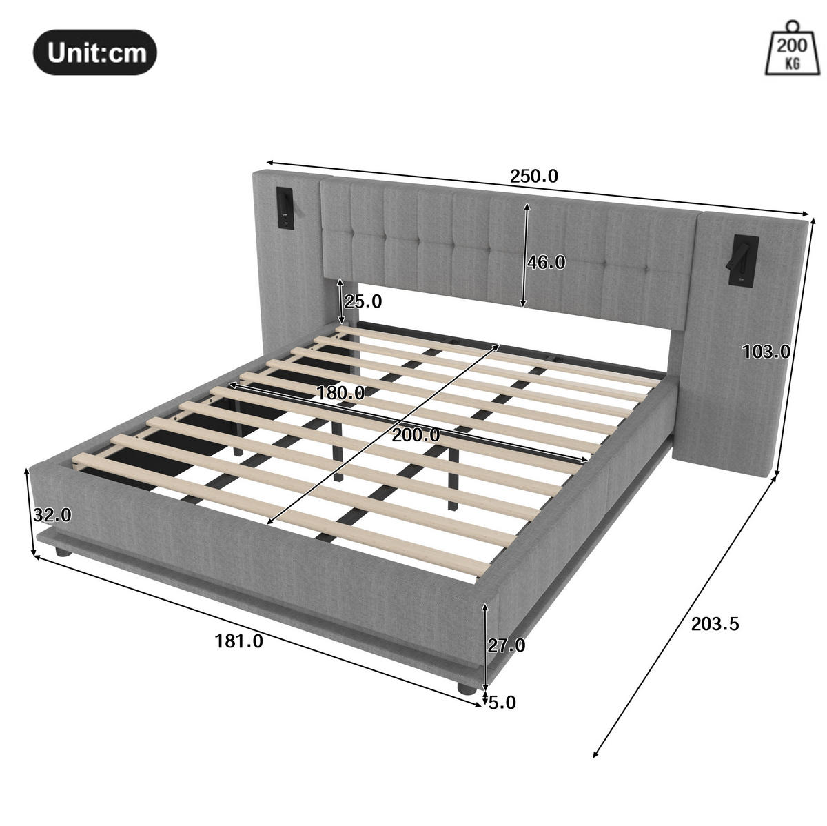 ČALOUNĚNÁ postel s LED páskem, 180/200 cm šedá, s USB a světlem v čele - šedá, textil (180/200cm) - BEAOK