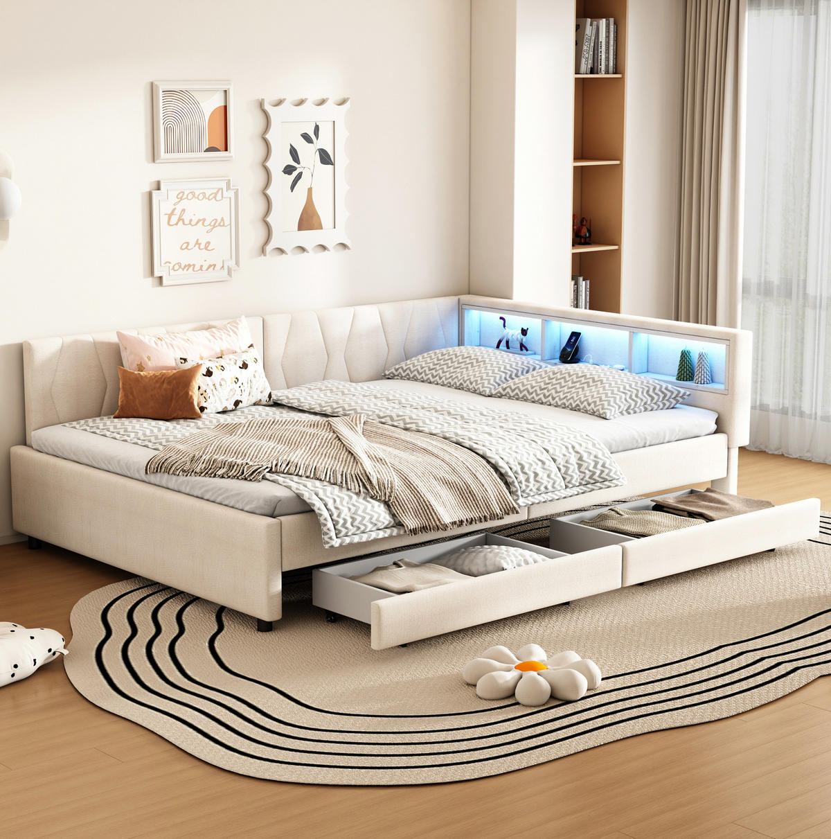POLSTERBETT 140/200 cm Beige mit LED-Beleuchtung und Stauraum aus Leinen - Beige, Textil (140/200cm) - OKWISH