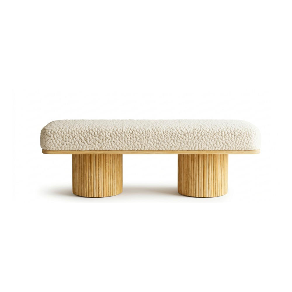 HOCKERBANK 122 cm gepolstert mit Teddy-Fleece und Holzgestell, cremefarbene Sitzbank für Schlafzimmer & Flur - Eukalyptusholzfarben/Beige, Naturmaterialien (46/42.5/122cm)