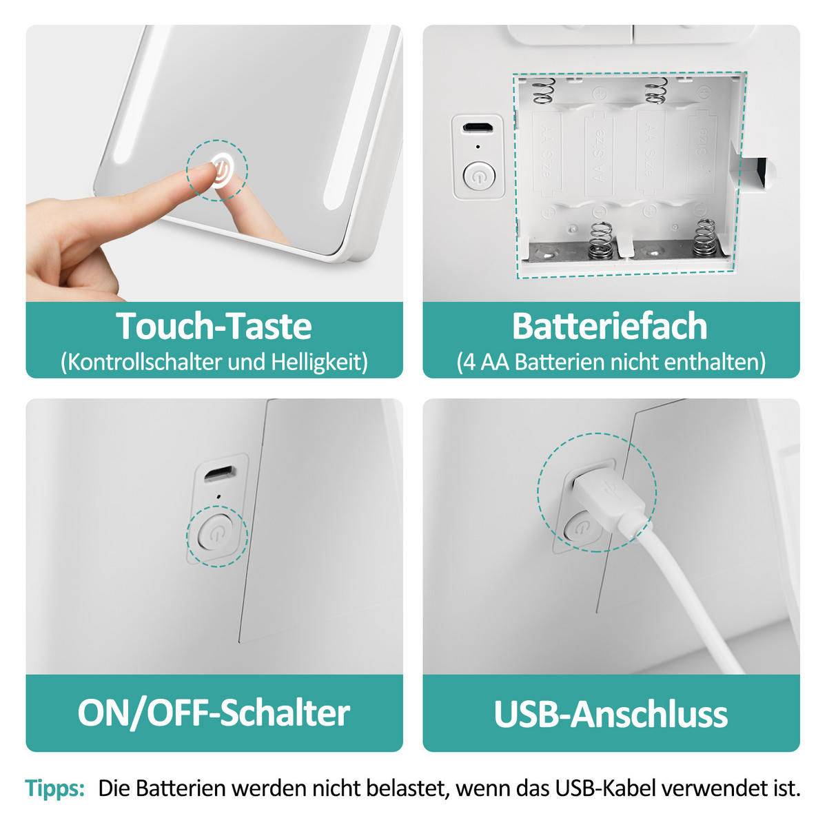 KOSMETIKSPIEGEL mit Licht mit Abnehmbare Saugnapfes, Weiß, 22,4/16,3 cm - Weiß, Glas (16.3/22.4/22.4cm) - EMKE