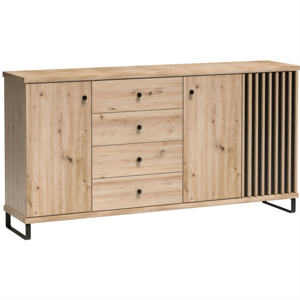 KOMMODE Caya mit drei Türen, vier Schubladen und Metallbeinen, 180 cm - Schwarz/Eiche Artisan, Holzwerkstoff/Metall (183/85/41cm) - Beautysofa