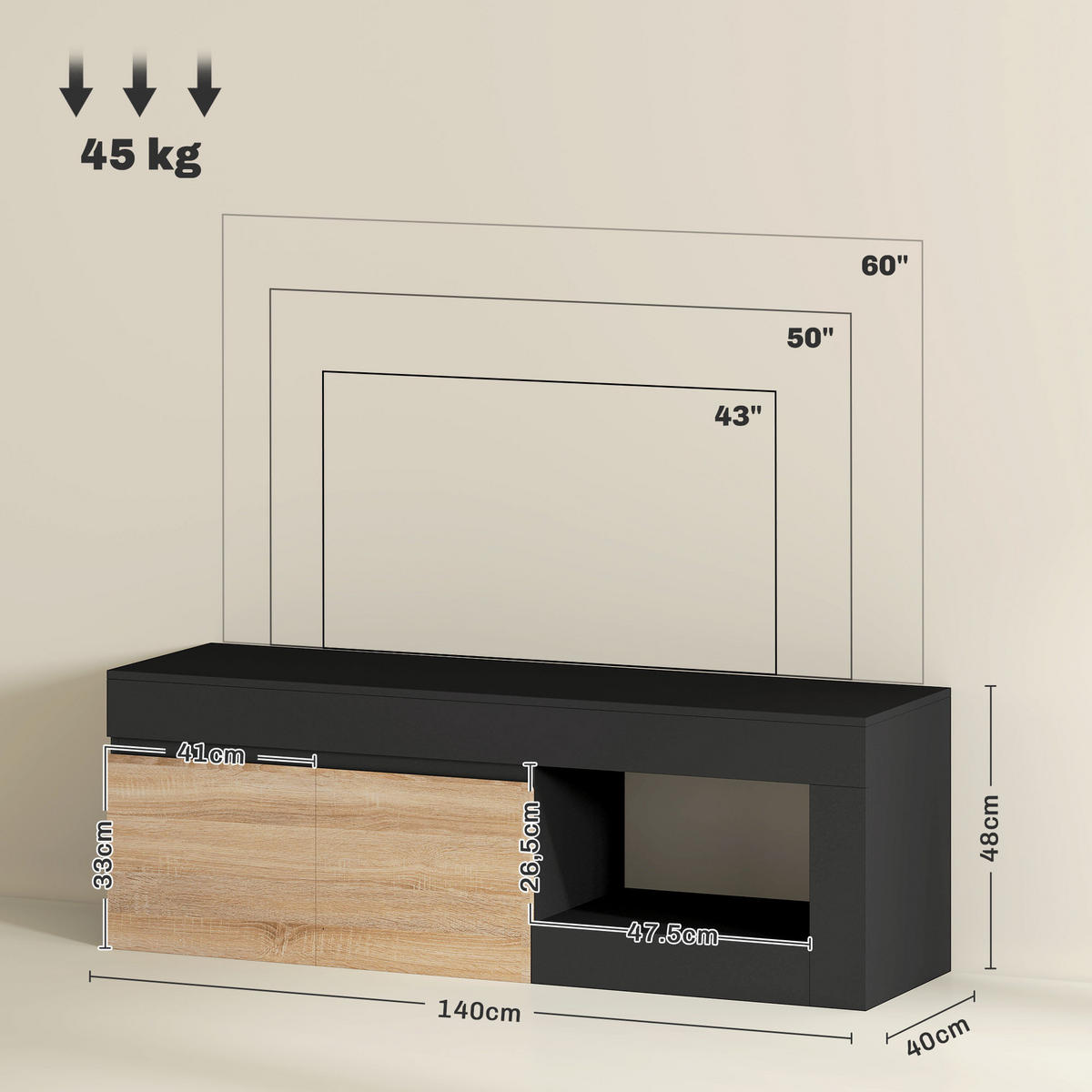 LOWBOARD DE-16147 140/40/48 cm Schwarz - Schwarz, Holzwerkstoff (140/48/40cm) - ComfortXL