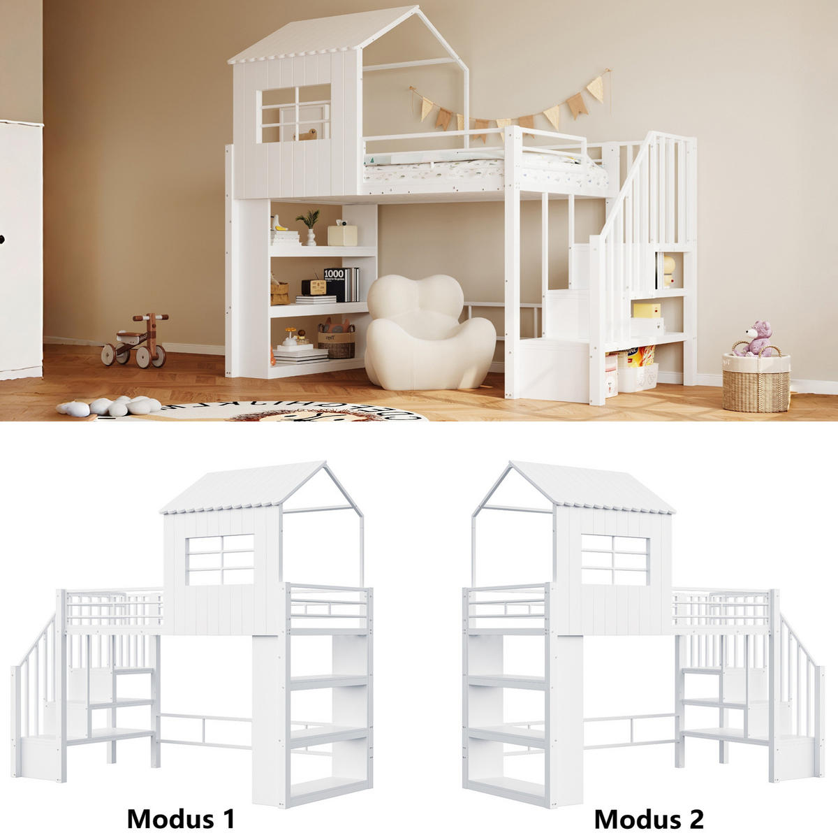 HOCHBETT aus Metall und MDF 90x200 cm Weiß mit Stauraumtreppe und Regal - Weiß, Holzwerkstoff (90/200cm) - IVMEU