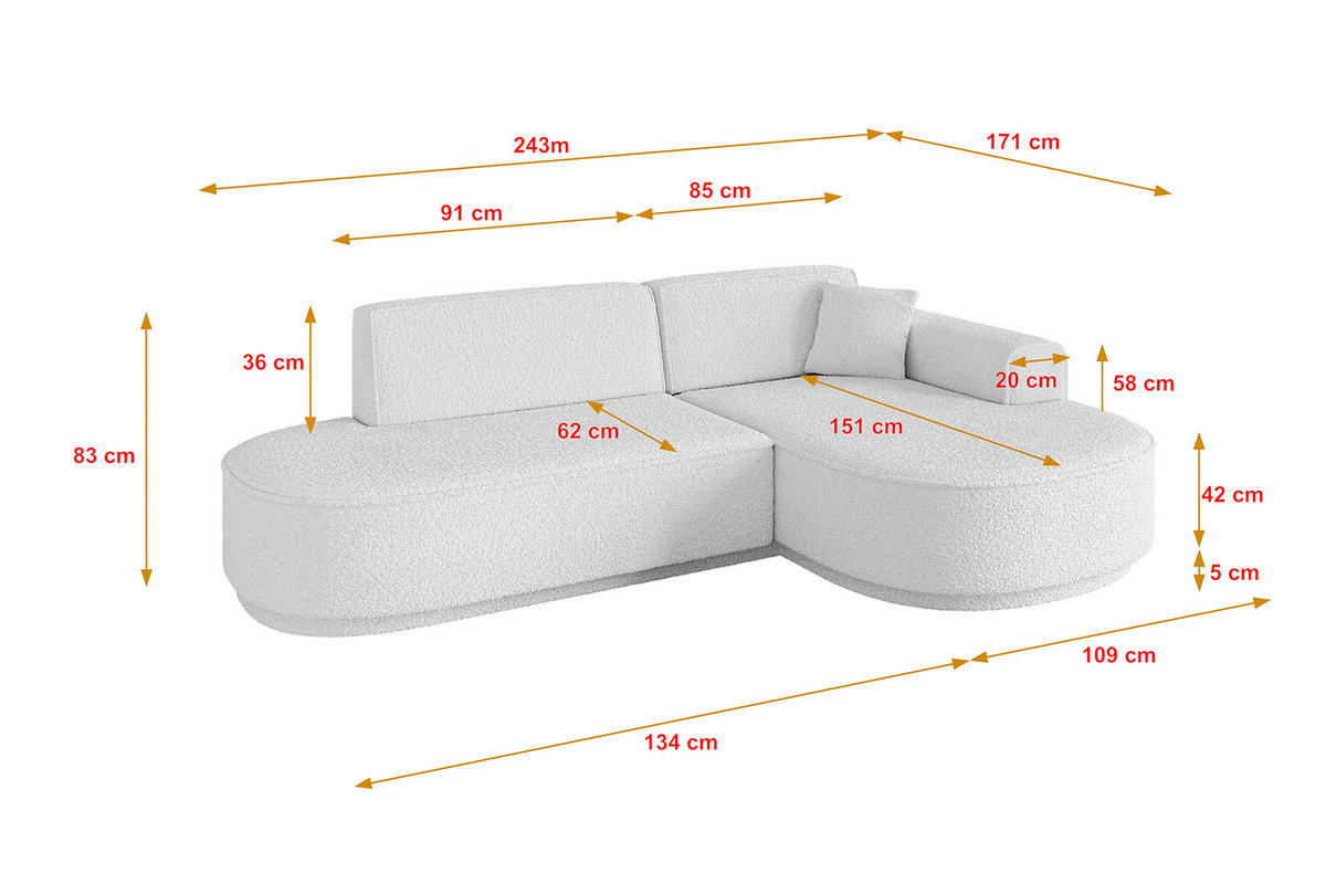 ECKSOFA Ottomane Rechts MARI-L1-v3 - 243x171x83 cm Weiß Bouclé - Schwarz/Weiß, Holzwerkstoff/Kunststoff (171/243cm) - ALTDECOR