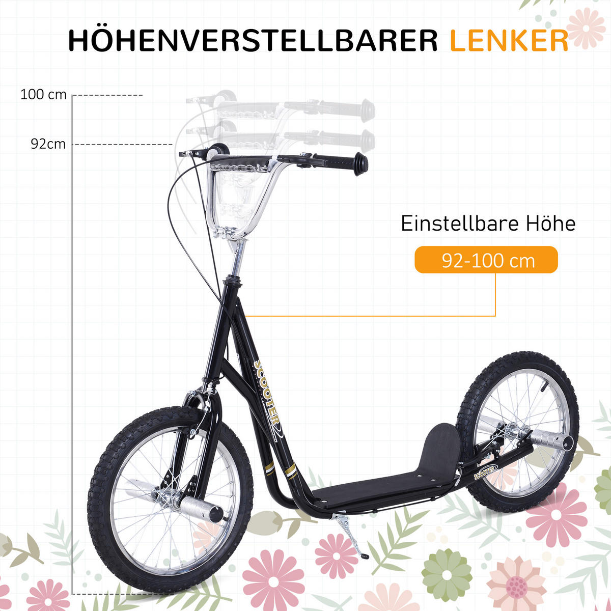KINDERROLLER mit Luftreifen Scooter Roller Kinder Roller Kickboard 16'' Schwarz - Schwarz, Metall (143/58/100cm) - HOMCOM