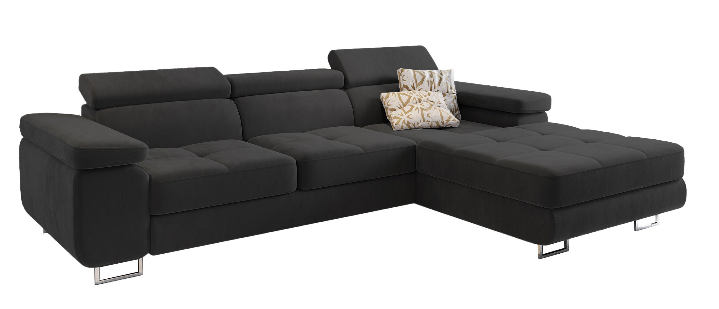 ECKSOFA ELMA R-S Schwarz Velours-Stoff mit Schlaffunktion - Schwarz, Holz (280/205cm) - MASSENO