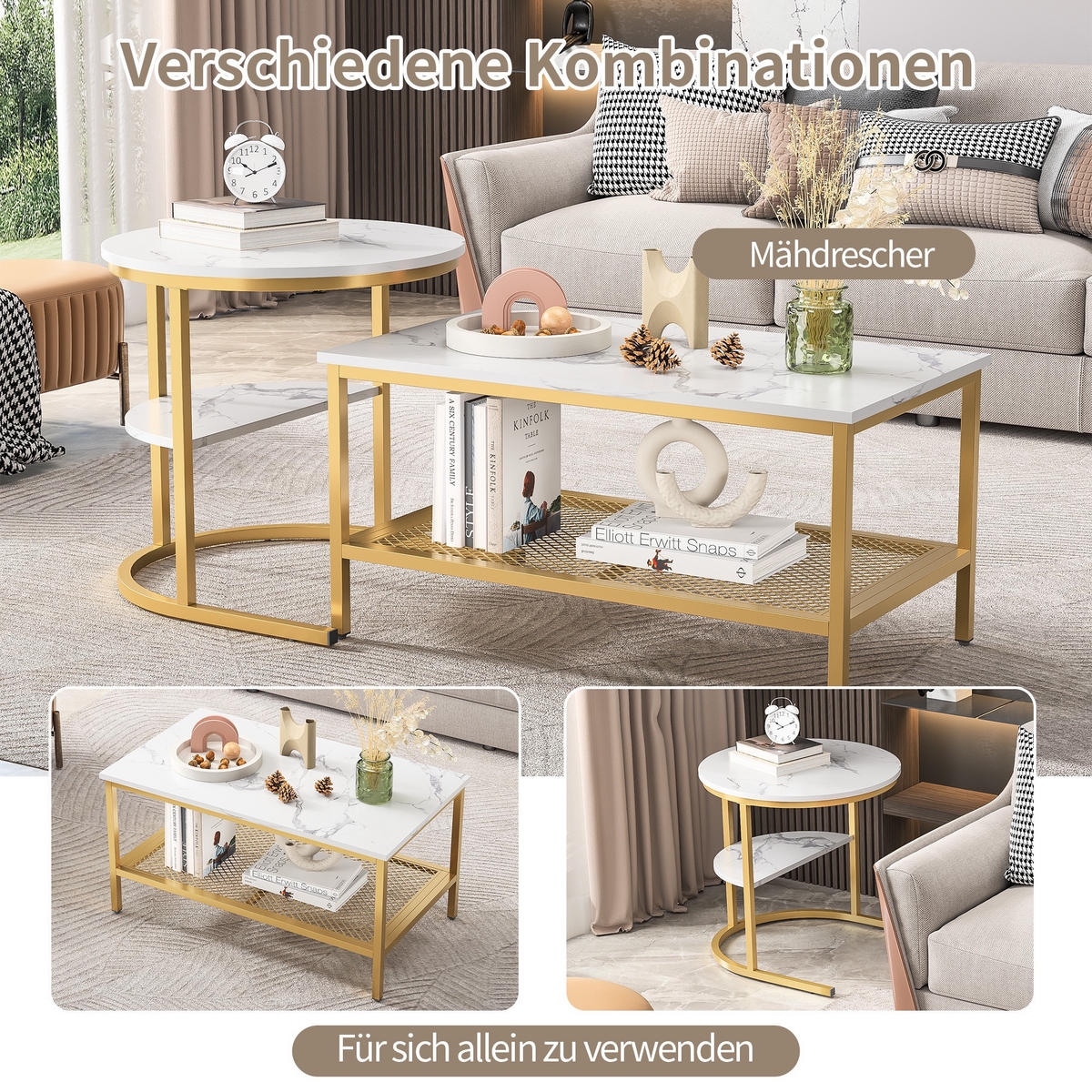 COUCHTISCH-SET 2-teilig Marmor-Optik mit goldenem Metallrahmen - Weiß, Metall (132/52/51cm) - DELFA