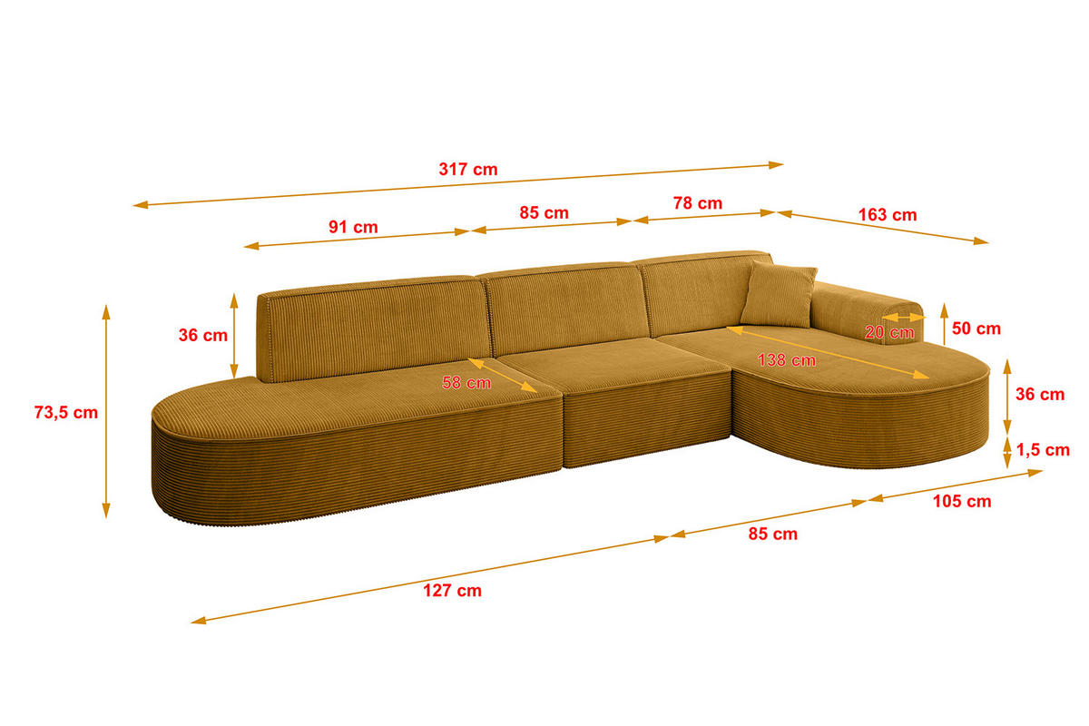 ECKSOFA Ottomane Rechts MARI-L2 - 317x163x73,5 cm Senfgelb Cord - Gelb/Schwarz, Holzwerkstoff/Kunststoff (317/163cm) - ALTDECOR