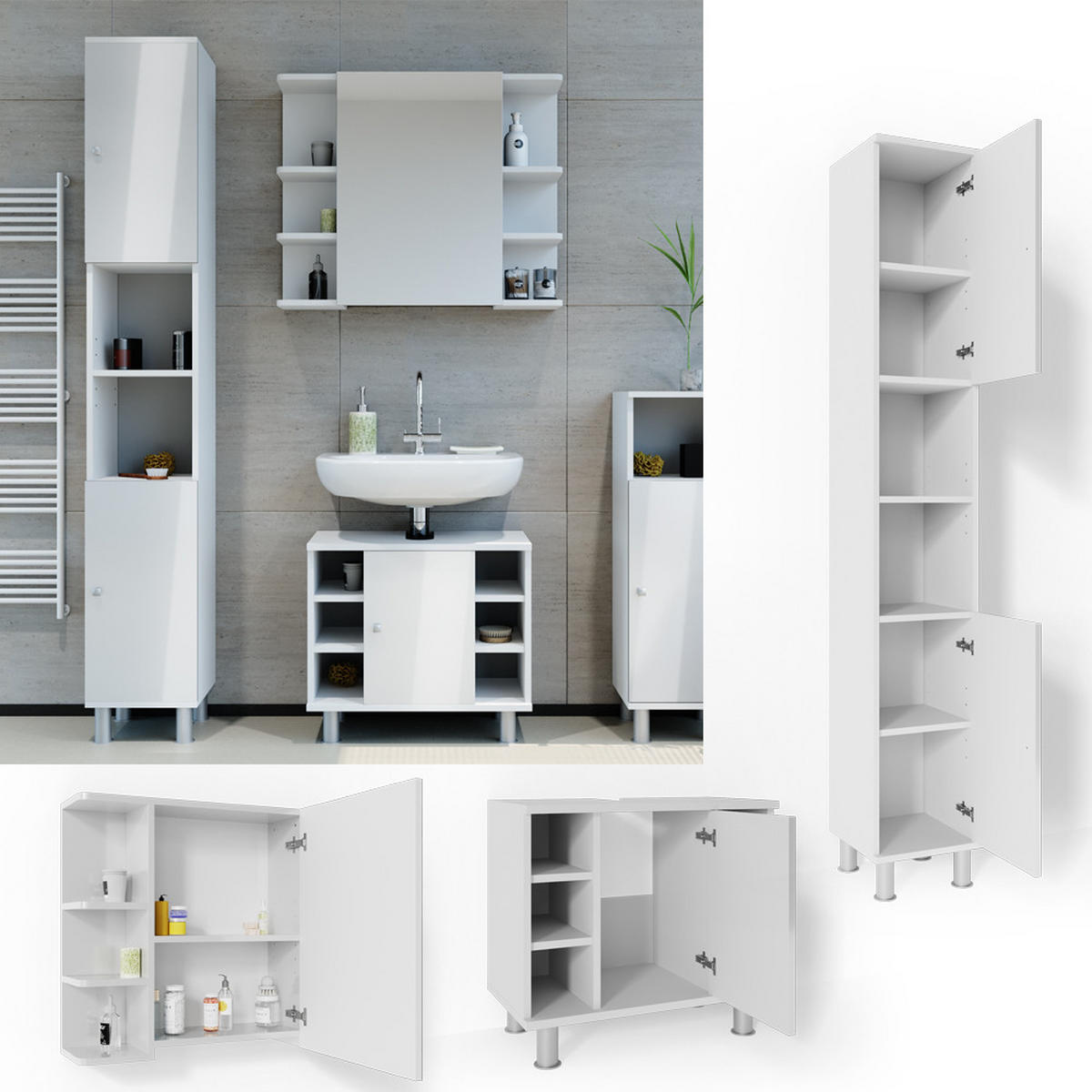 BADMÖBEL-SET Fynn Weiß Hochglanz 3 Teile, mit Hochschrank - Weiß Hochglanz/Weiß, Holzwerkstoff (60/54/32cm) - Vicco