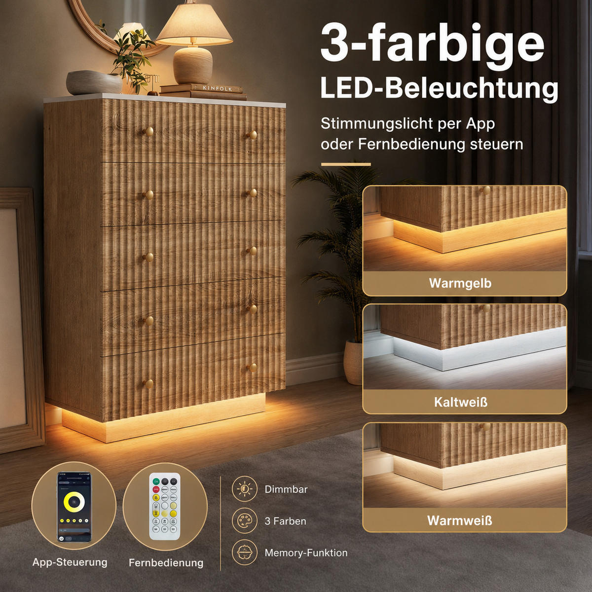 KOMMODE mit 5 Schubladen & Sockel‑LED, Eiche‑Weiß, 40/73/111cm - Eichefarben, Holz (73/111/40cm) - Joyfair