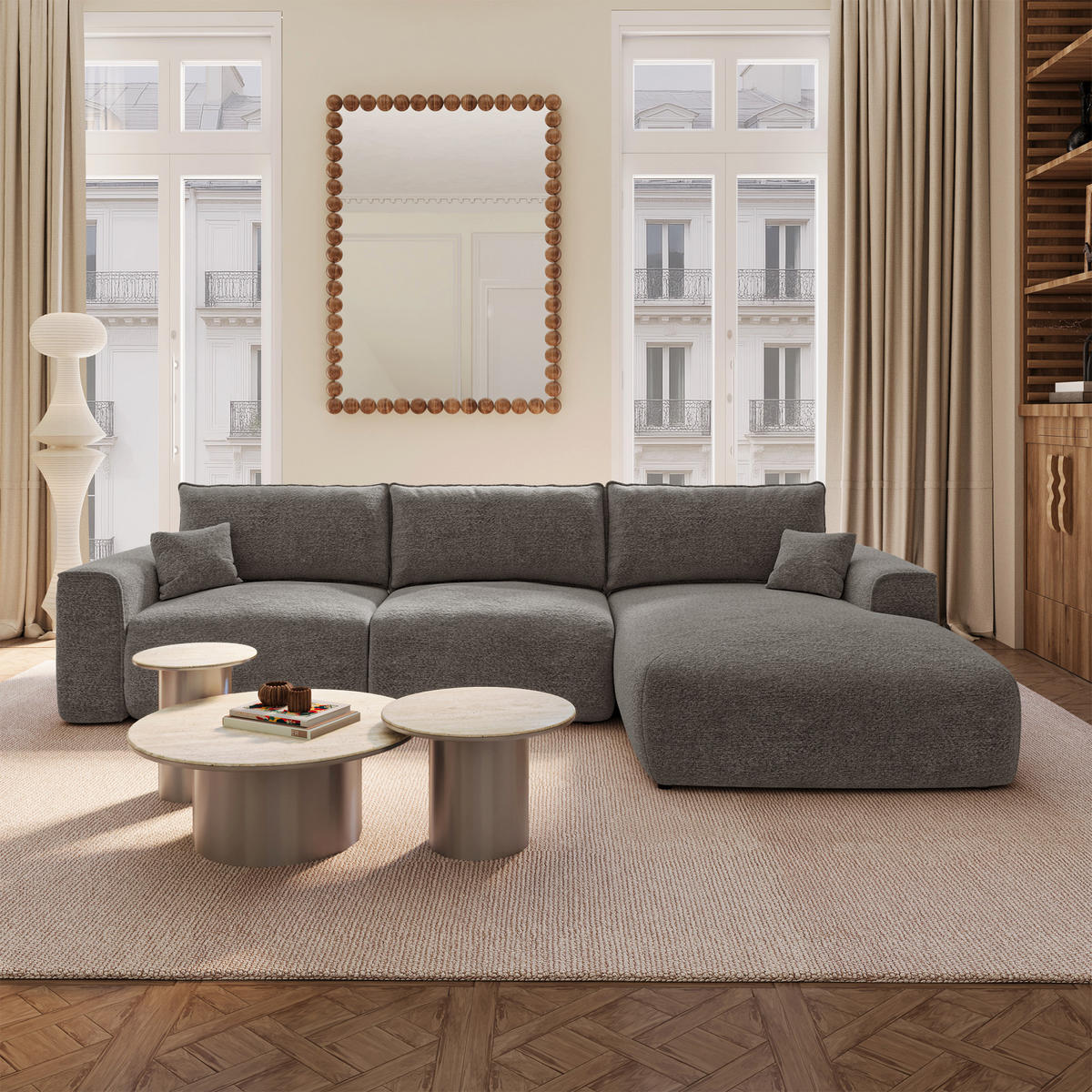 ECKSOFA rechtwinklig COMO Bouclé-Stoff Graphitgrau 297cm - Dunkelgrau/Graphitfarben, Textil (297/167cm) - Premium Interiors