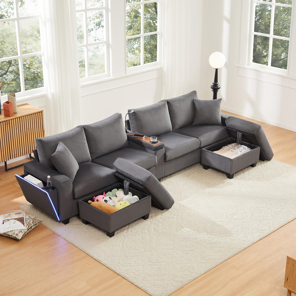 SOFA, U-Form, 2 Hocker, LED-Beleuchtung, Grau, 334x128.5x81cm - Grau, Textil (128.5/81/334cm) - FLIEKS