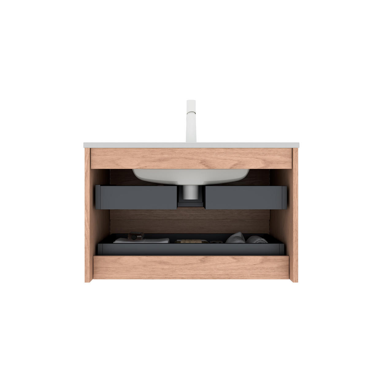 WASCHTISCHKOMBI 81x46.5x51.5cm Natur/Weiß mit Keramikbecken & 2 Soft-Close-Schubladen - Naturfarben, Keramik (81/51.5/46.5cm) - Modfu