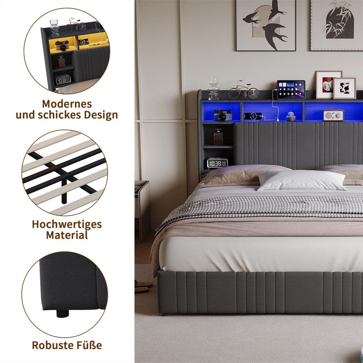 POLSTERBETT 160x200 cm mit 4 Schubladen - LED-Beleuchtung - Gepolstertes Kopfteil mit Stauraum - Grau - Grau, Textil (160/200cm) - DELFA
