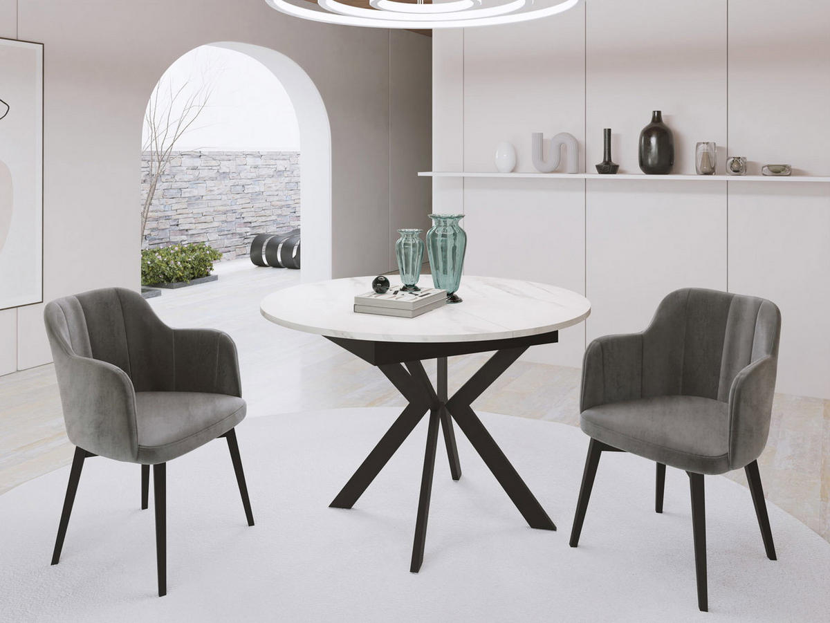 JEDÁLENSKÝ STÔL Lily Okrúhly Rozkladací s Čiernami Kovovými Nohami, Mramor Biela 100-138/100/76 cm - čierna/biela, kov/kompozitné drevo (100/140/76cm) - WFL GROUP
