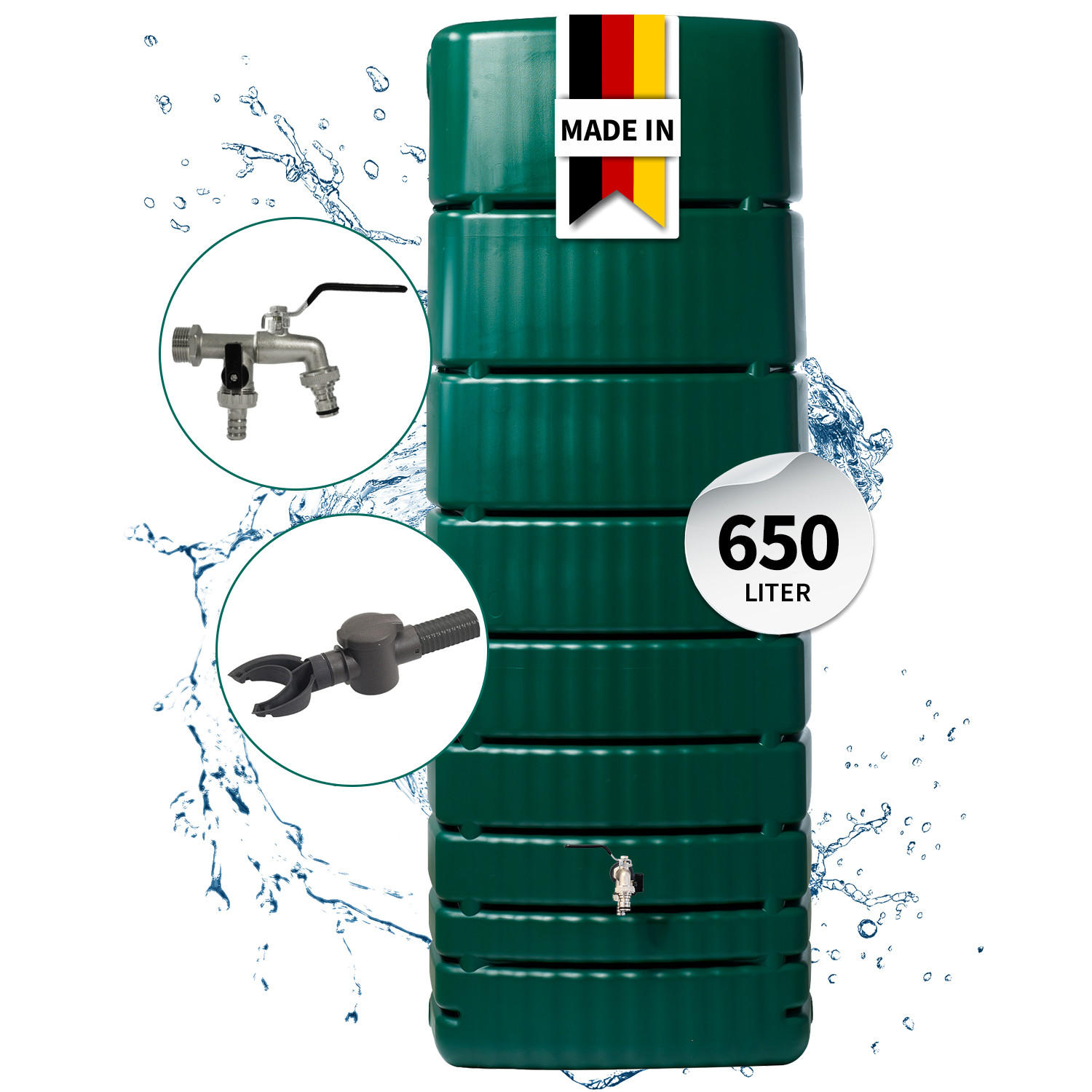 REGENTONNE Wandtank Komplett-Set 650 L, dunkelgrün inkl. Chrom-Doppelauslaufhahn und Fallrohranschluss - Grün, Kunststoff (79/210/52cm) - 4rain