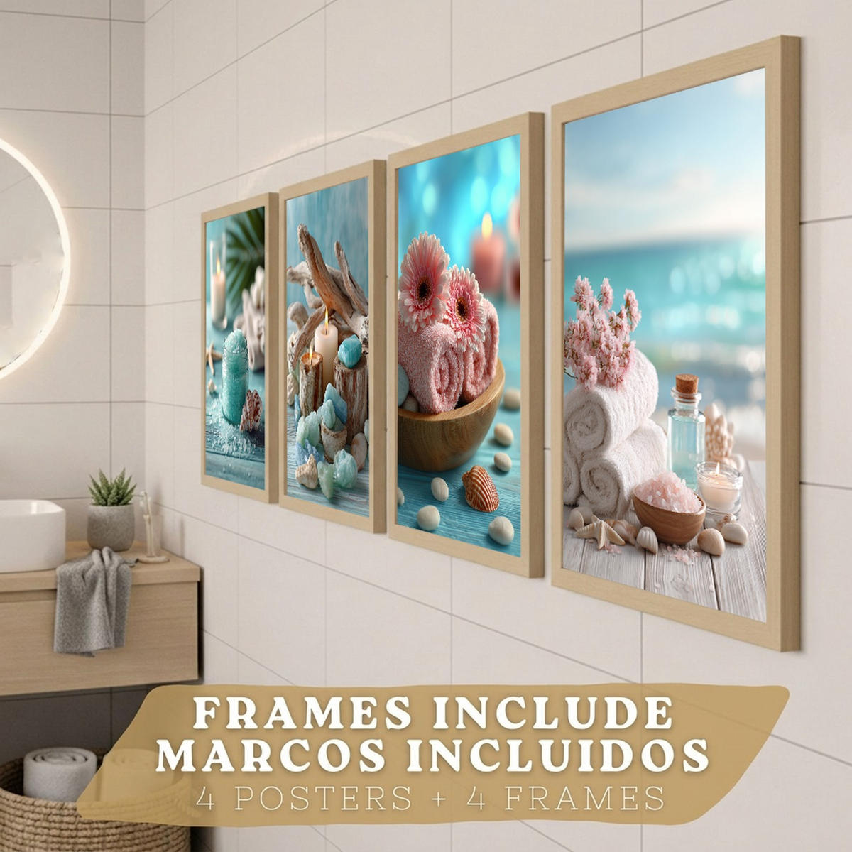 POSTER 4er-Set Badezimmer-Wandposter, Strand-Spa-Poster für Waschbecken, WC mit Muscheln, Kerzen, Handtüchern und Meersalz Leichter Holzrahmen A4 - Beige, Papier (29.7/21/3cm) - Nacnic