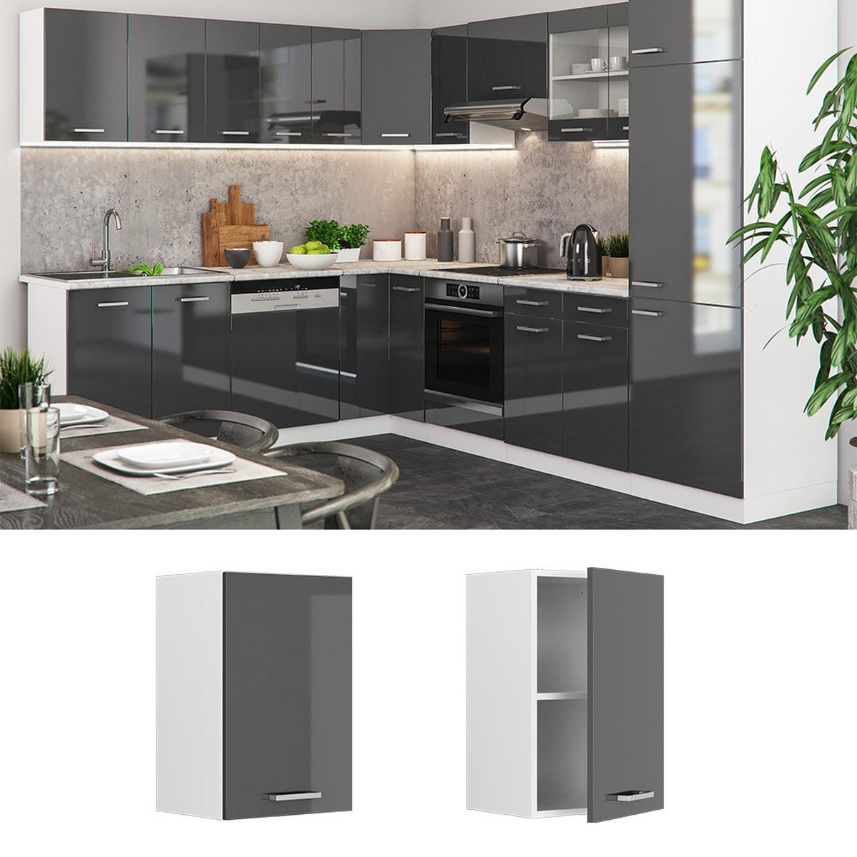 HÄNGESCHRANK R-Line Anthrazit Hochglanz 40 cm - Schwarz Hochglanz/Anthrazit, Holzwerkstoff (40/60/31cm) - Vicco