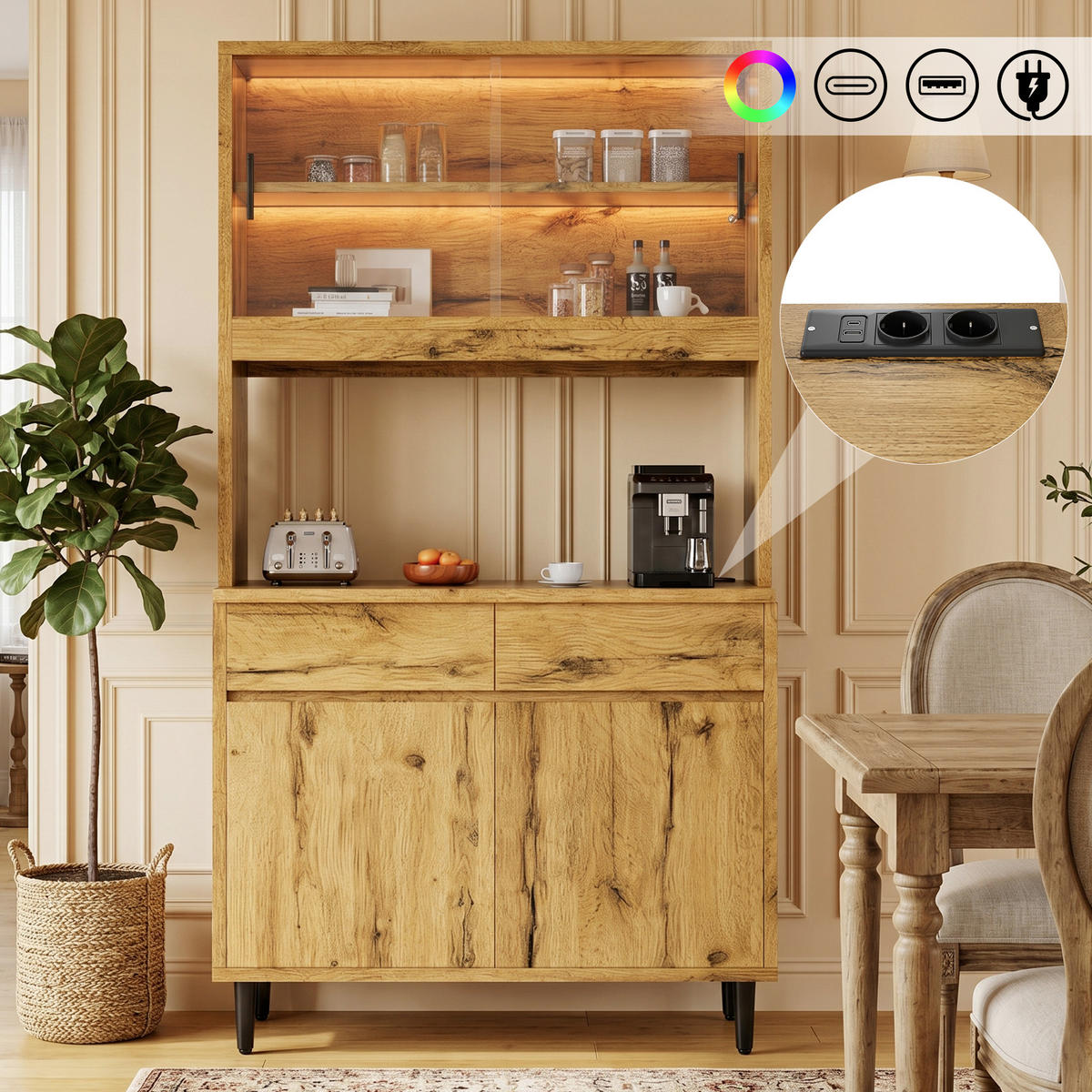 BUFFETSCHRANK 100x40x185cm LED Steckdose USB Eiche - Eichefarben, Holzwerkstoff (100/185/40cm) - FLIEKS