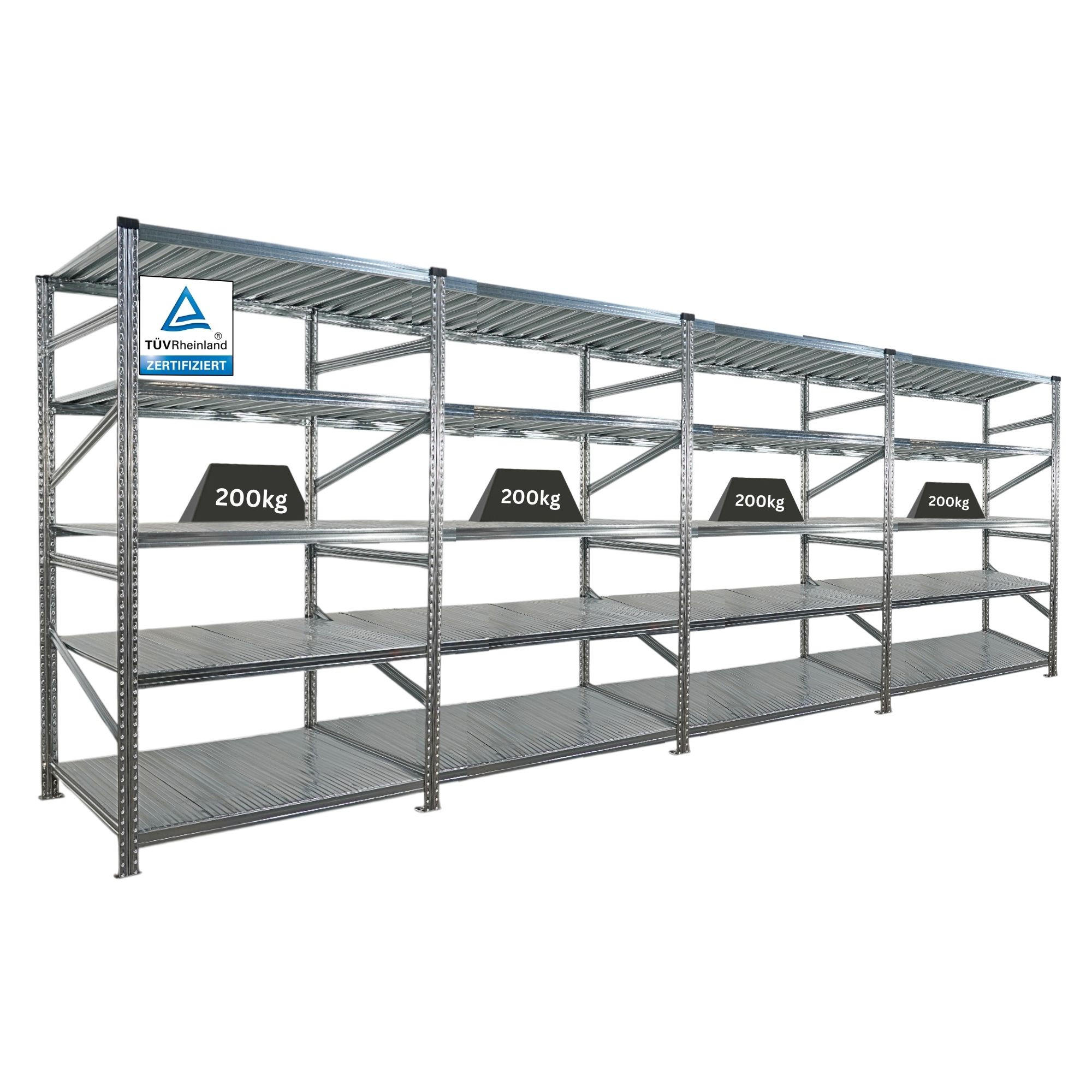 FACHBODENREGAL Proximo Stecksystem 200x480x80cm 5 Ebenen Fachlast 200 kg Beidseitig nutzbar Verzinkt - Silberfarben, Metall (480/200/80cm) - PROREGAL