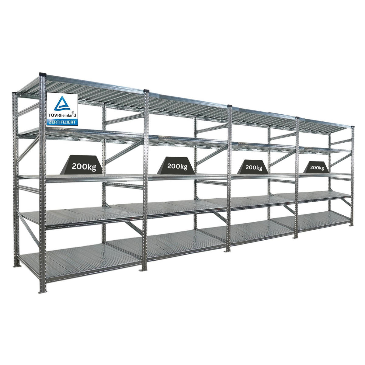 FACHBODENREGAL Proximo Stecksystem 200x480x80cm 5 Ebenen Fachlast 200 kg Beidseitig nutzbar Verzinkt - Silberfarben, Metall (480/200/80cm) - PROREGAL