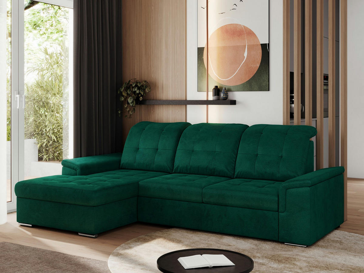 ECKSOFA MADRITO L - DunkelGrün Velorus - Links - Dunkelgrün/Silberfarben, Textil/Metall (160/256cm)