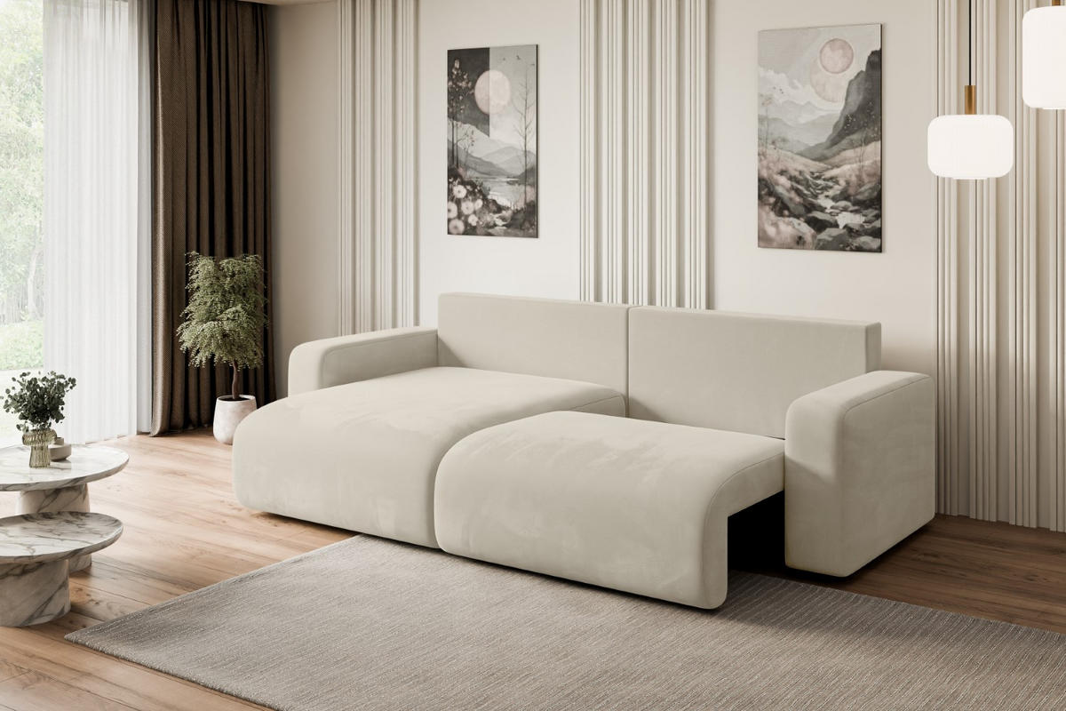 ECKSOFA mit Schlaffunktion und Bettkasten KLEEA-L - 247x143x83 cm Beige Velours - Beige/Schwarz, Holzwerkstoff/Kunststoff (247/143cm) - ALTDECOR