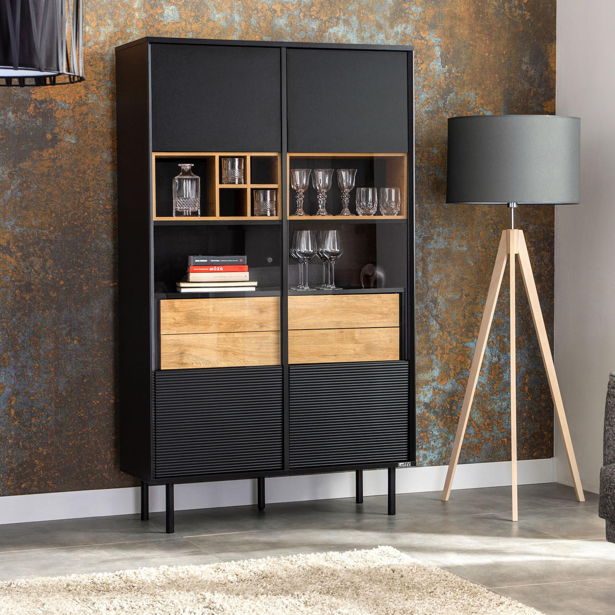 VITRINENSCHRÄNK LOFTY TV/Weineinlage, schwarz / Eiche natur - Eichefarben/Multicolor, Holzwerkstoff (102/174/41cm) - KONSIMO®
