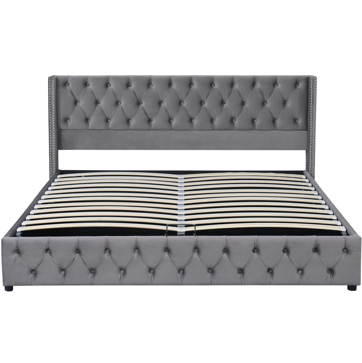 SAMT-POLSTERBETT 140/190 cm mit Bettkasten und gepolstertem Kopfteil - Grau, Textil (140/200cm) - BEAOK