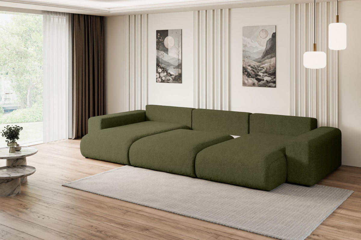 WOHNLANDSCHAFT mit Schlaffunktion und Bettkasten ESKAR-U -352x165x84cm Grün Bouclé - Schwarz/Grün, Holzwerkstoff/Kunststoff (352/84/165cm) - ALTDECOR