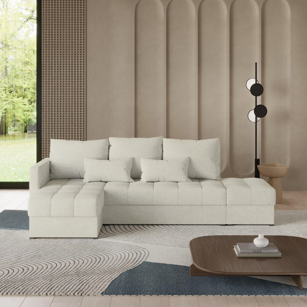 ECKSOFA LUMARI L-S Creme Plüsch-Stoff mit Schlaffunktion - Creme, Holz (261/143cm) - MASSENO