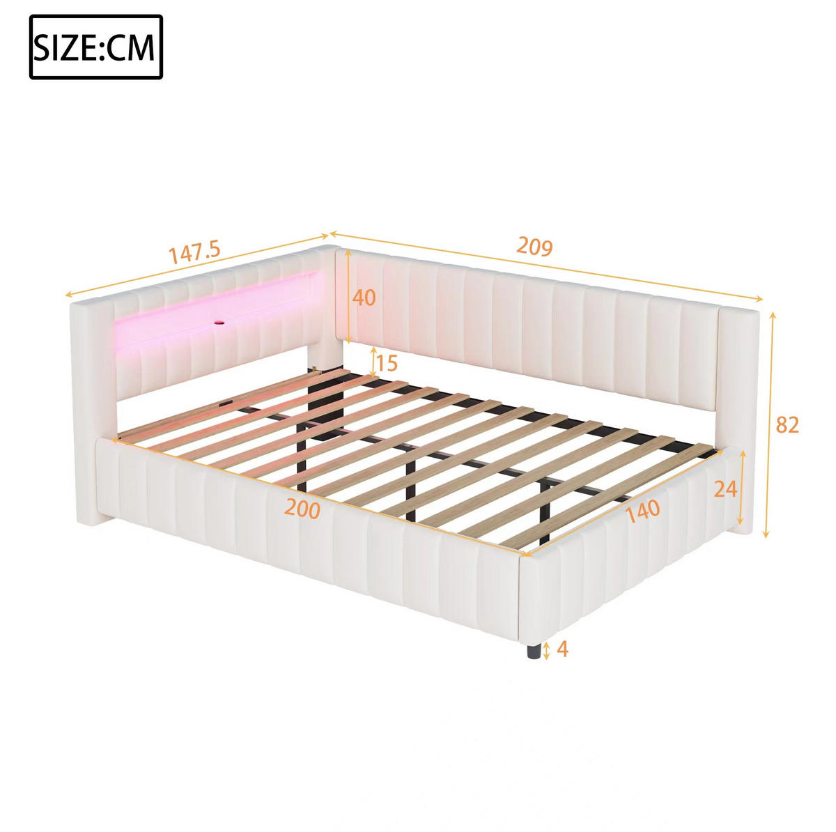 POLSTERBETT 140/200 cm aus Samt mit LED-Beleuchtung und USB-Anschluss - Beige, Textil (140/200cm) - Flora Grace