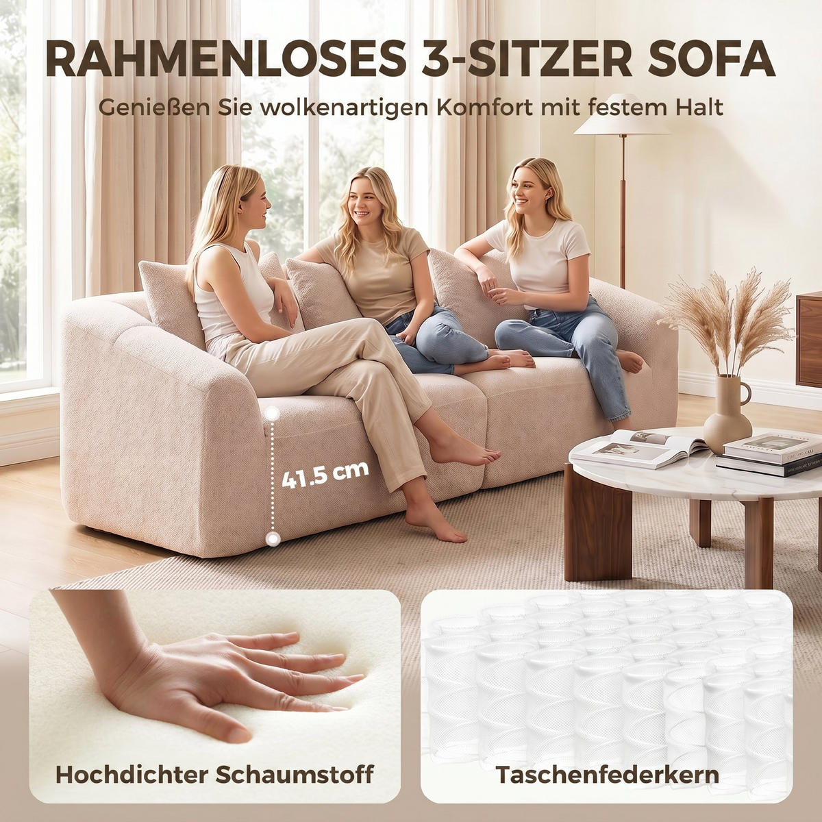 3-SITZER Sofa Chenille (100 % Polyester) Beige - Beige, Textil (93/83/225cm) - HOMCOM