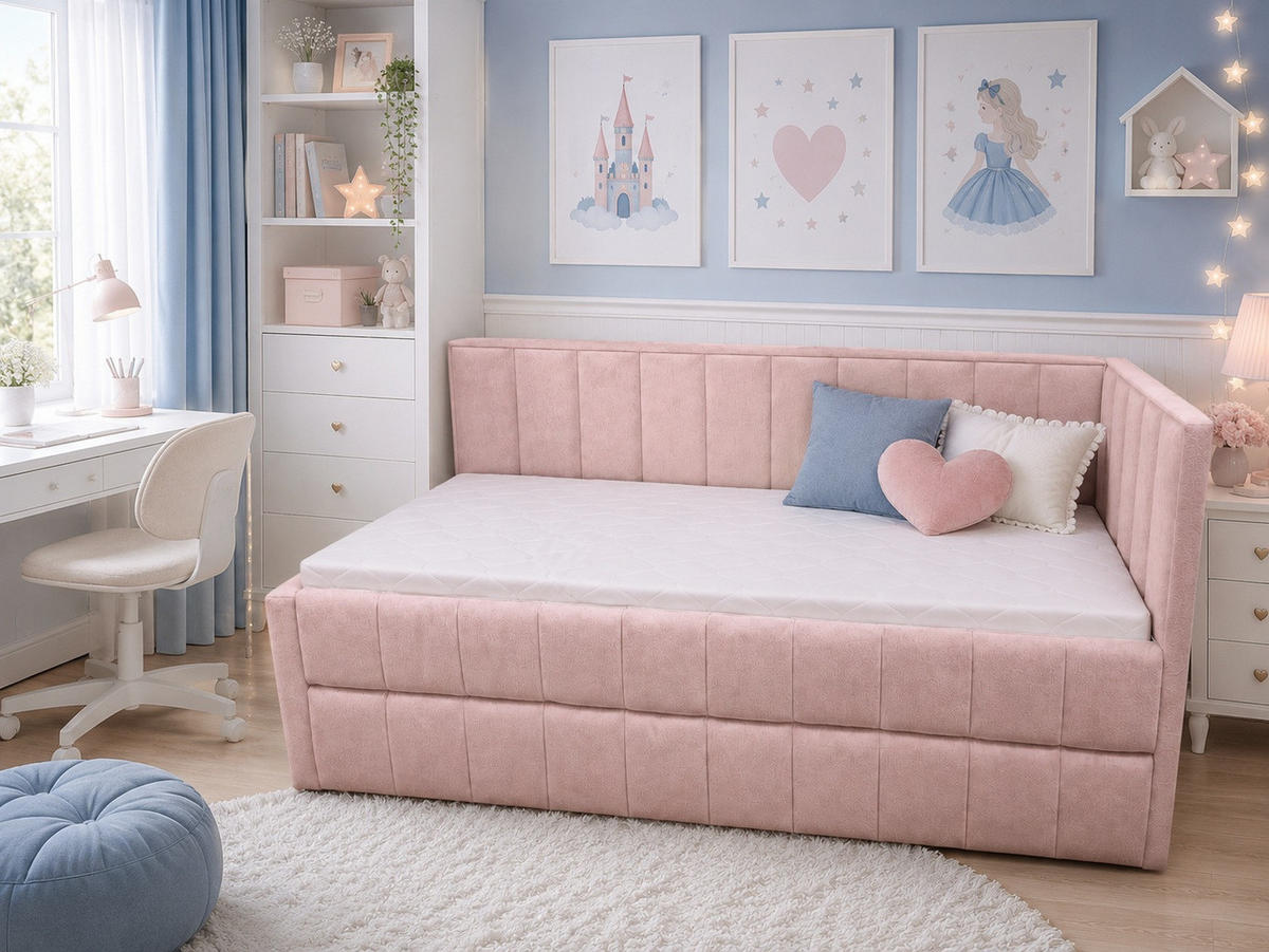 POLSTER-KINDERBETT LUKA 90x200 cm, rechts, mit Ausziehbett – Rosa - Rosa, Textil