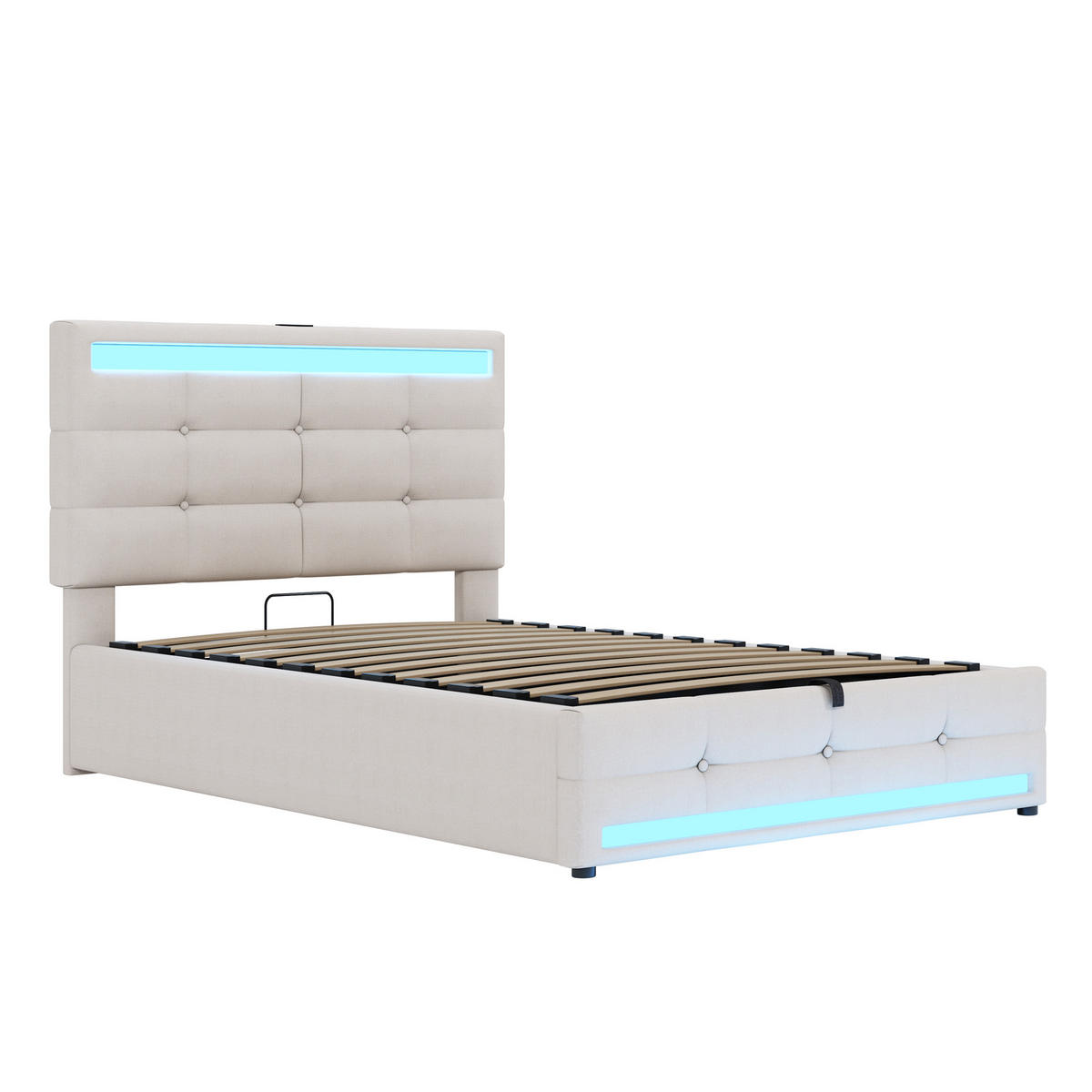 STAURRAUMBETT 90/200 cm DE-01576, in Beige, mit LED, USB und Hydraulik - Beige, Metall (90/200cm) - ComfortXL