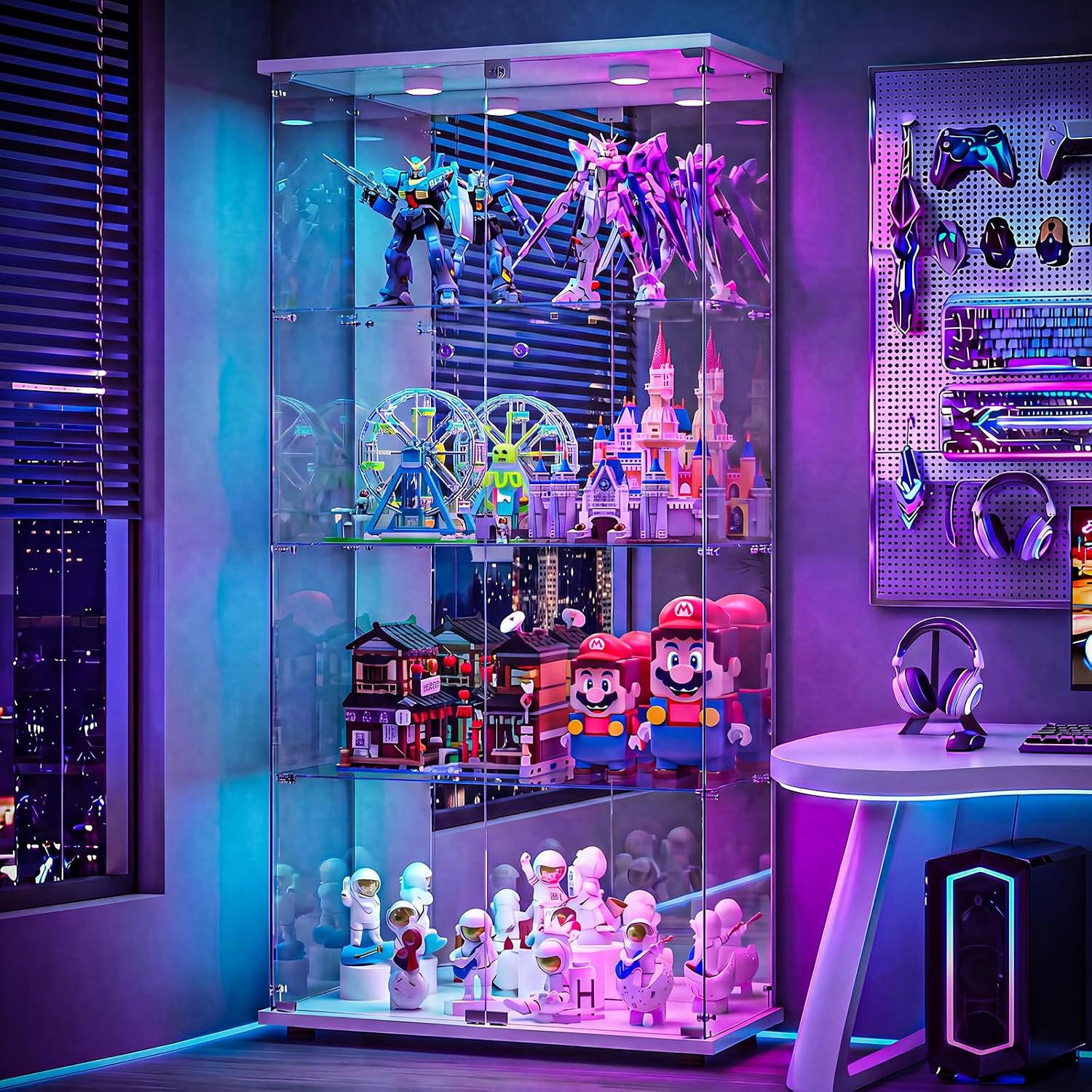 GLASVITRINE LED Vitrinenschrank Weiß mit 2 Tür 4 Etagen mit Schloss und Spiegeleffekt - Weiß, Glas (36.49/163.9/80.49cm) - BPKADHY