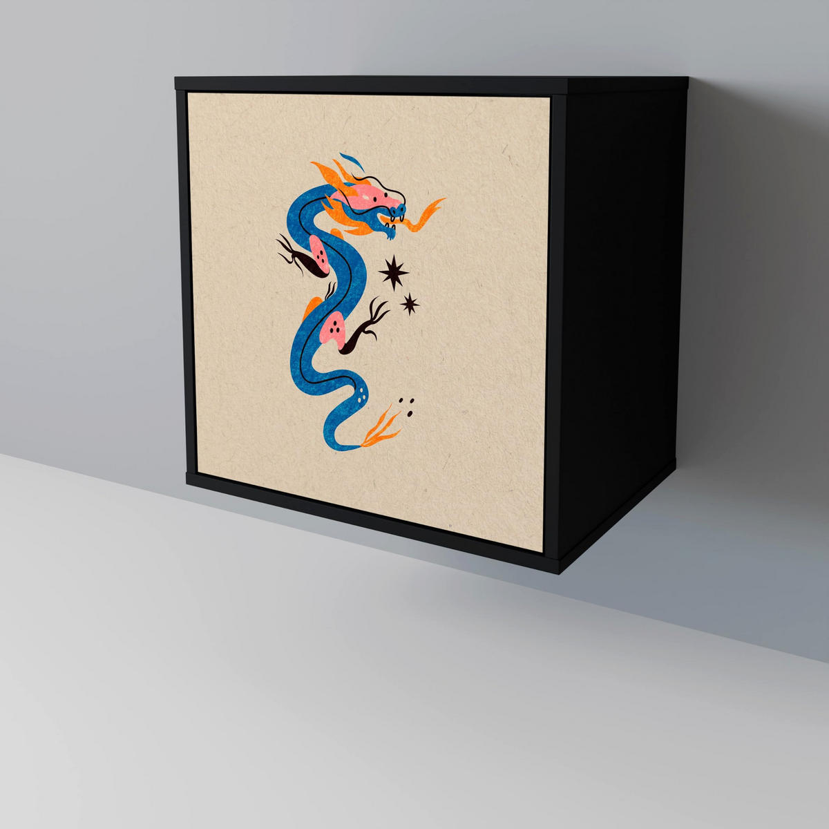 SIDEBOARD MYTHOLOGICAL CREATURES, Schwarz, 57,5x42x70,5 cm, Schwarze Metall-Sternfüße - Multicolor/Schwarz, Holzwerkstoff/Metall (57.5/70.5/42cm) - SpaceRebels