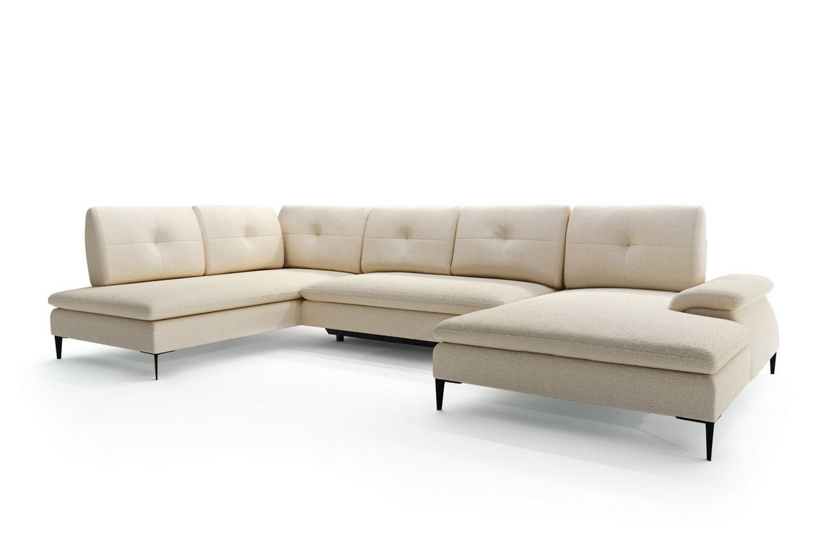 WOHNLANDSCHAFT BREZZA Beige Plüsch-Stoff mit Schlaffunktion - Beige, Holz (350/87/205cm) - MASSENO