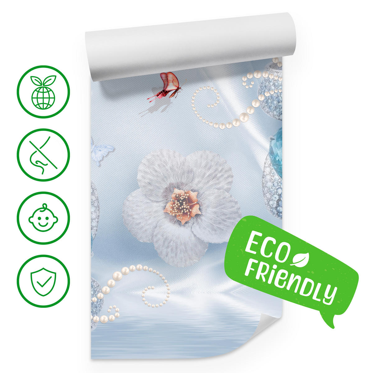 FOTOTAPETE für Schlafzimmer Blumen Perlen Schmetterlinge Blau 450x315 - Blau/Gelb, Papier (450/315cm) - Muralo