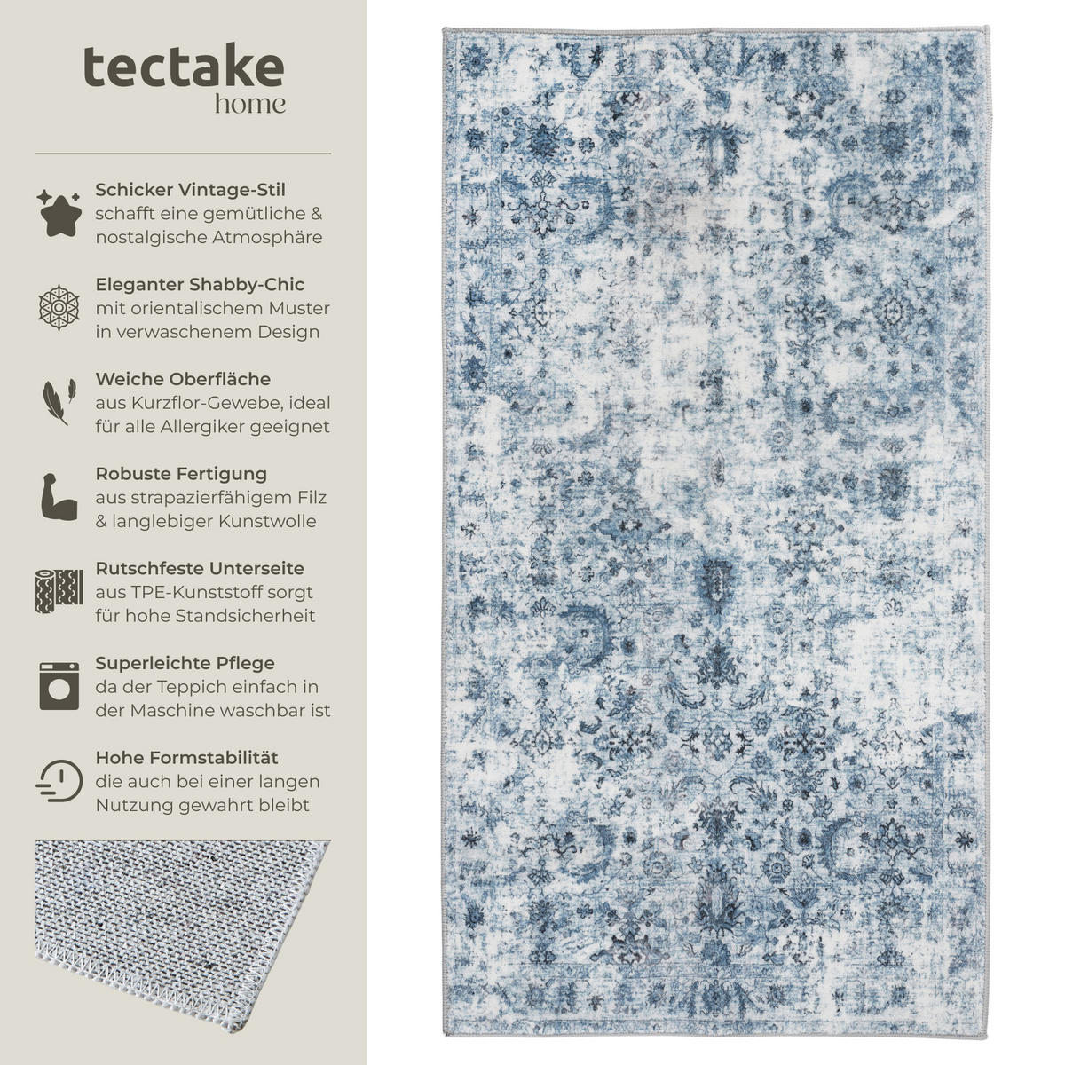 TEPPICH Vintage Design Amara,rutschfeste Unterseite,blau - Blau, Kunststoff (60/110cm) - tectake