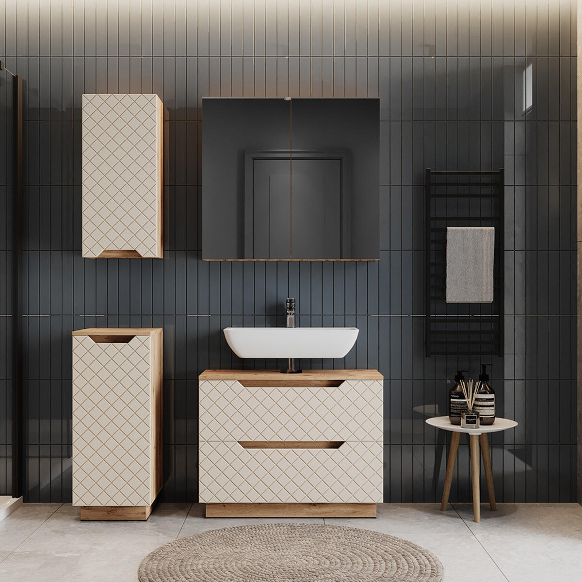 BADMÖBEL-SET Lotta Eiche/Kaschmir mit Kachelstruktur 4 Teile - Kaschmir/Eichefarben, Holzwerkstoff (79.6/62.5/32cm) - Vicco