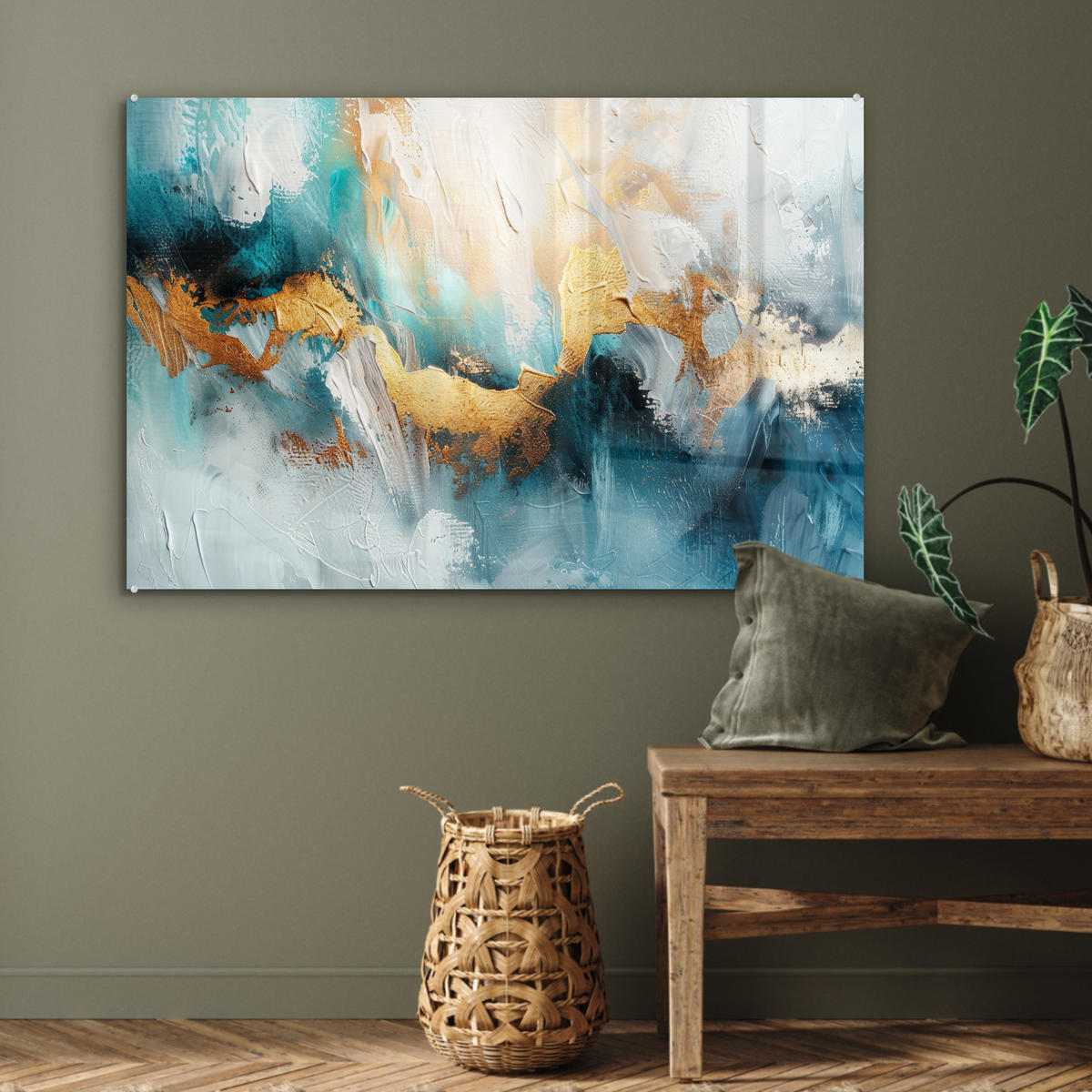 ACRYLGLASBILD Abstrakt - Kunst - Gold - Blau 90x60 cm - Petrol, Glas (90/60cm) - MuchoWow