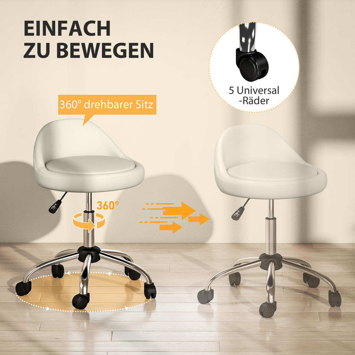 ROLLHOCKER Höhenverstellbar Weiß 35.0/35.0/83.0 cm - Weiß, Leder (35/83/35cm)
