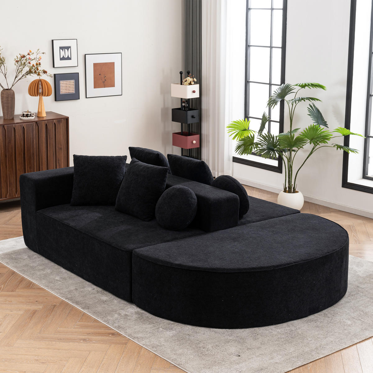 WOHNLANDSCHAFT Chenille Schwarz mit Kissen - Schwarz, Textil (263/66/171cm) - WISHDOR