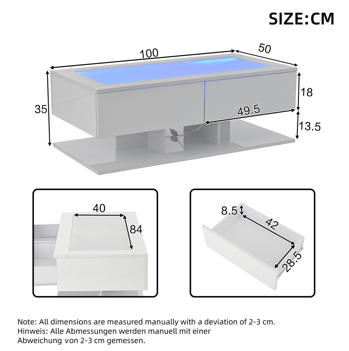 COUCHTISCH 100/50/35 cm Weiß aus Spanplatte und Glas mit LED-Licht und 2 Schubladen - Weiß, Holzwerkstoff (100/50/35cm) - OKMYHOME